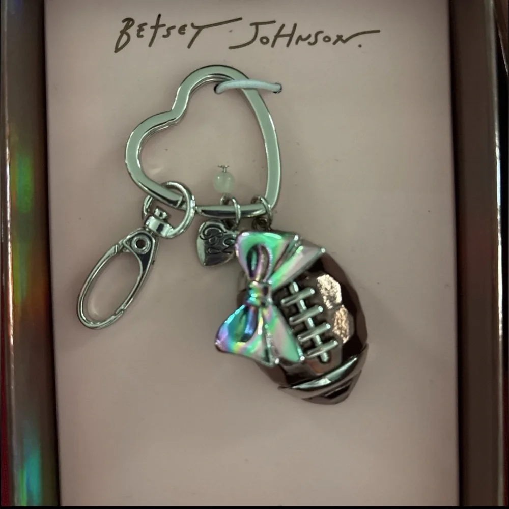BETSEY JOHNSON Shiny Metallic Football with Pink Bow Bag Charm Keychain NEW NWT